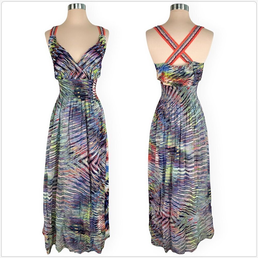 Ludomara Lila Star Burst Criss Cross Back Smocked Waist Maxi Dress NWT NEW M